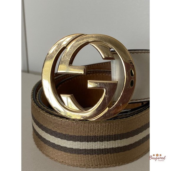 Authentic Gucci Web Canvas Leather Gold Interlocking G Buckle Belt 80/32 114876 - Picture 2 of 13